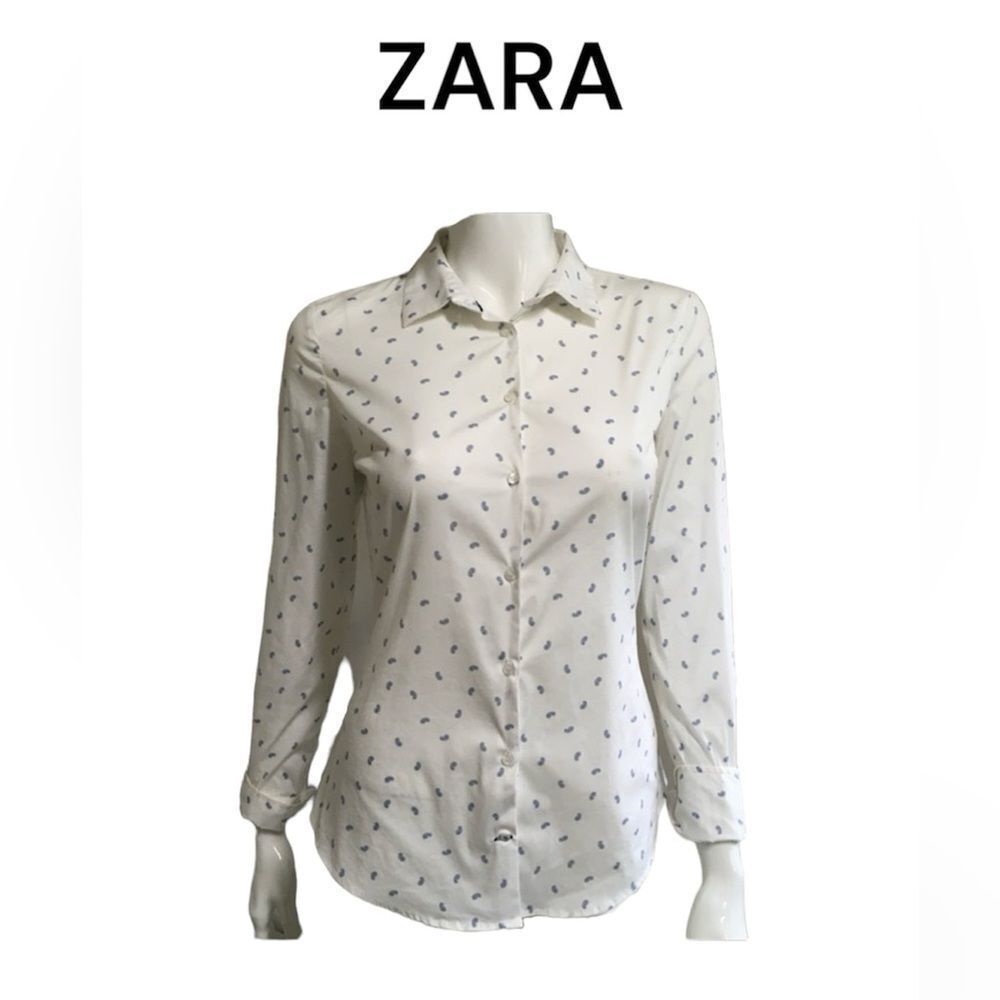 Zara White Blue Stretch Paisley Collared Long Sleeve Button Up Shirt Blouse M